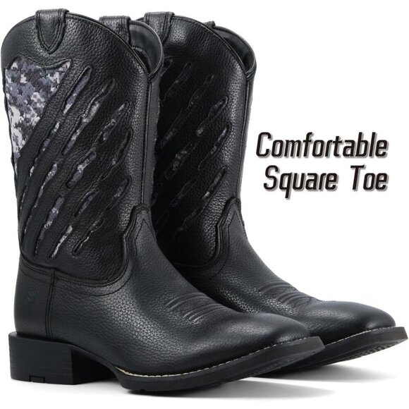 Men’s Black Deertan Square Toe Leather Durable 10-inch Pull-on Wellington Boots